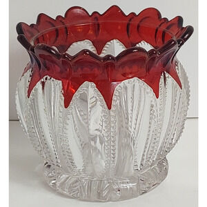Vintage ruby red to clear thumb print dish vase unique cut glass unmarked